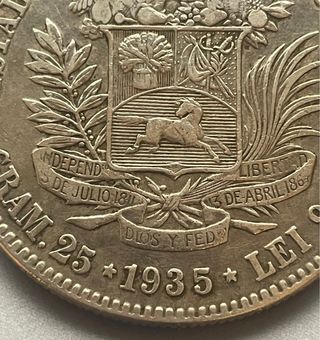 5 Bolívares; Venezuela 1935. Moneda circulante
