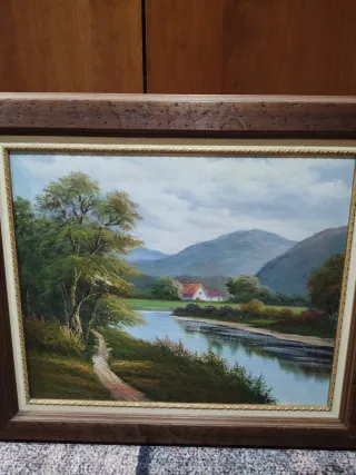 Cuadro Óleo Paisaje Río y Montañas