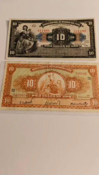 2 Billetes 10 Soles de Oro Perú