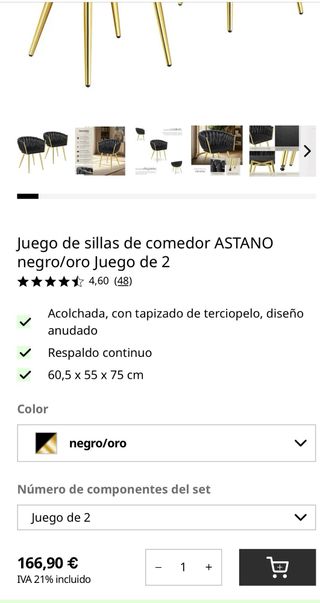 Sillón negro  tectake con patas doradas.