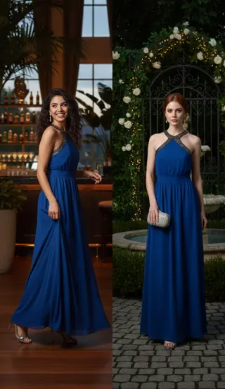 Vestido de fiesta azul con detalles dorados