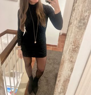 Vestido Negro Animal Print Mango Talla S