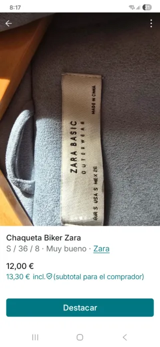 Chaqueta Biker Zara Celeste Talla S