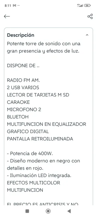 Torre de Sonido POSS 400W Bluetooth