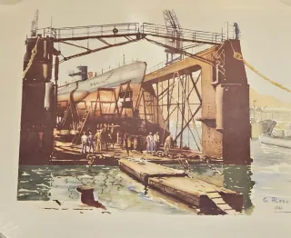 Litografía vintage astilleros G. Aledo 1941