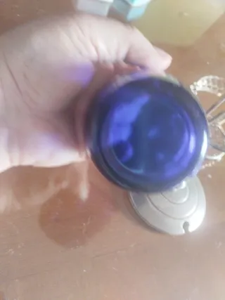 Azucarero antiguo metal y cristal azul