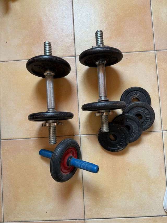 Mancuernas cuatro de 2kg y 4 de 1kg + Rueda Abdom.