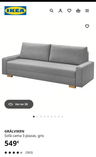 Sofá Cama Gris 3 Plazas Ikea - GRÄLVIKEN