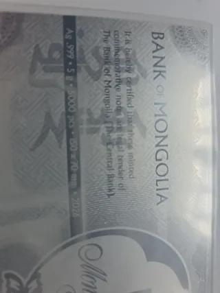 Billete Plata Pura Mongolia 100 Togrog