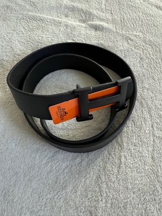 Cinturón Hermès Negro Hebilla H Negra Naranja
