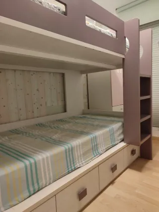 Cama Litera Blanco roto y Morada con 4 cajones
