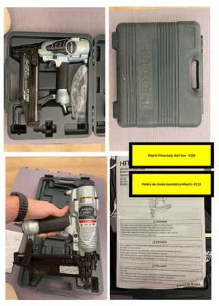 Mac Mini M1 del 2020, monitor Samsung da 27 pollici curvo, diverse pinze pneumatiche, trapano avvitatore, pinzatrice pneumatica