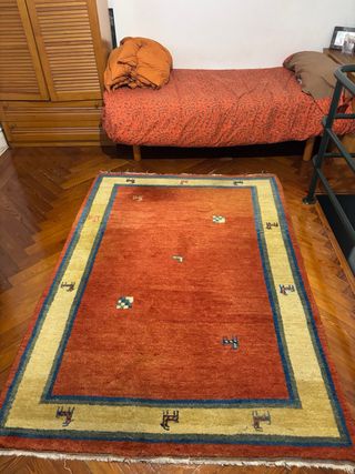 Alfombra de lana 100% naranja y azul