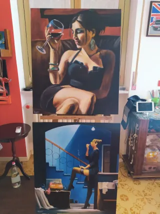 Quadro donna con bicchiere di vino olio su tela