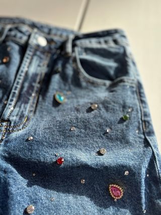 Jeans Donna Vintage Blu con Perline Tagli