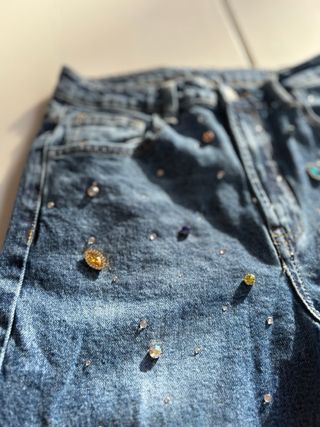 Jeans Donna Vintage Blu con Perline Tagli