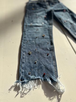 Jeans Donna Vintage Blu con Perline Tagli