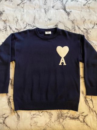 Maglione Ami Paris Blu con Cuore Bianco