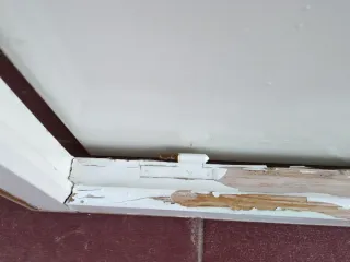 Puerta blanca con marco de madera.