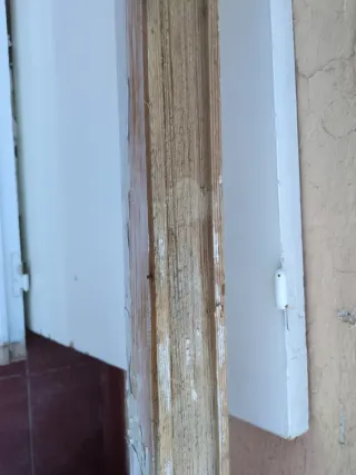 Puerta blanca con marco de madera.