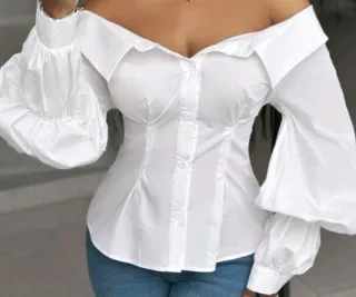 Blusa blanca manga abullonada escote Bardot