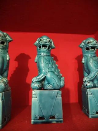 Trío Fu Dogs Dragones Chinos Porcelana Azul