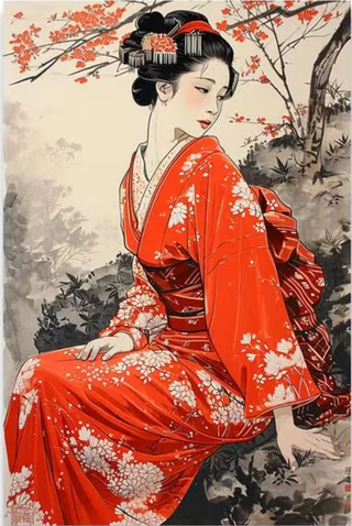 Arte Pared Geisha Japonesa Roja y Blanca