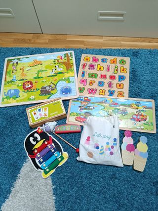 Lote Juguetes Madera: Puzzles, Xilófono, Domino