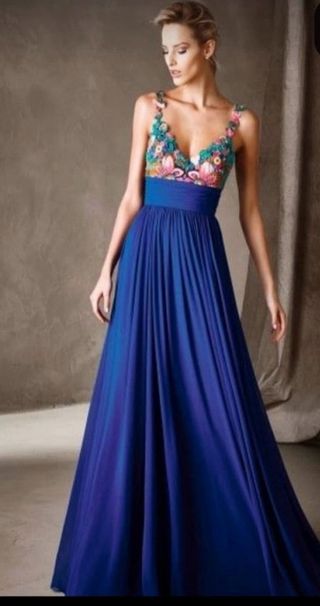 Vestido fiesta Pronovias azul y floral Talla 38.