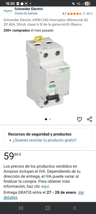 Interruptor Diferencial Schneider 2P 40A 30mA