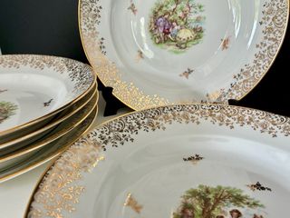 🇫🇷 Limoges 6 Platos Hondos Porcelana Dorada