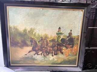 Óleo sobre lienzo vintage – Escena de carruaje