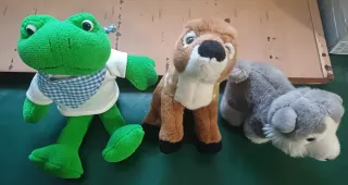 Set 3 peluche: rana, cervatillo, cane