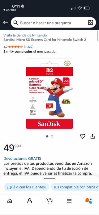 Tarjeta Micro SD SanDisk 256GB Nintendo Switch
