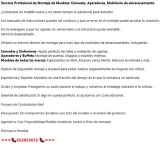 Servicio de montaje, mobiliario de almacenamiento.