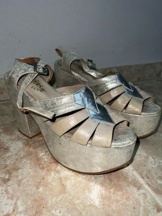 Sandalias Plataforma Tacón Plateado Talla 39