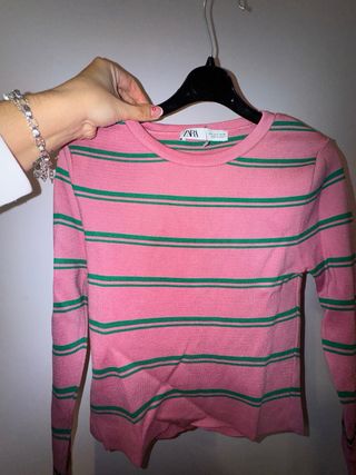 Jersey Zara Rayas Rosa y Verde Talla S