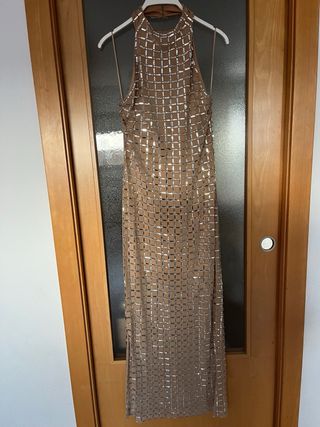 Vestido Zara brillos beige/dorado