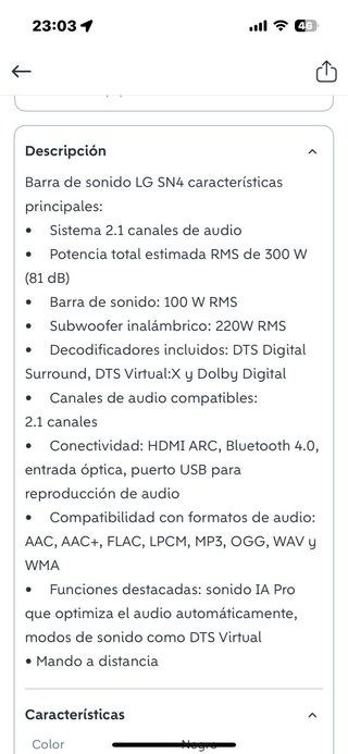 Barra de Sonido y Subwoofer LG SN4