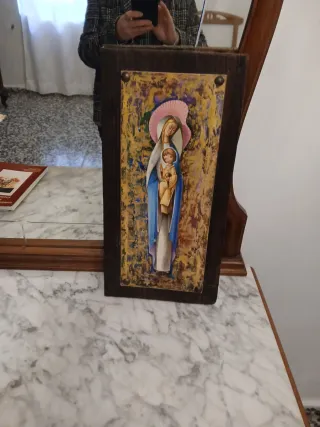 Cuadro Virgen y Niño madera metal