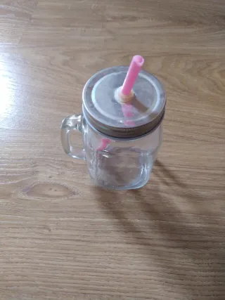 Taza Vaso Vidrio con Pajita Rosa