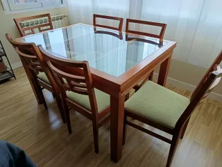 Mesa comedor madera y cristal + 6 sillas