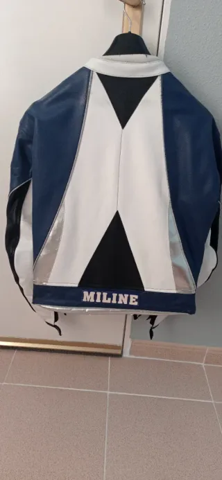 Chaqueta Moto Cuero Azul y Negro