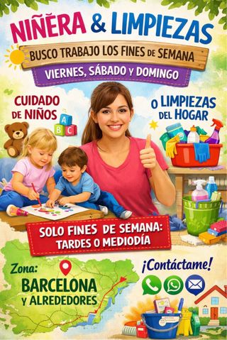 Ofrezco mi trabajo de cuidadora y limpieza.