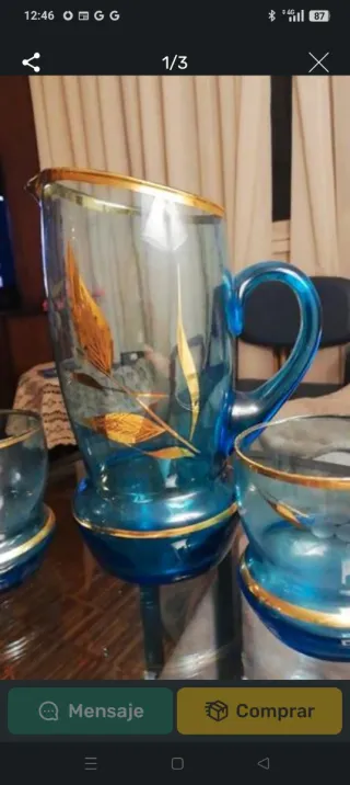 Juego Jarra y Vasos Cristal de Bohemia Azul Dorado