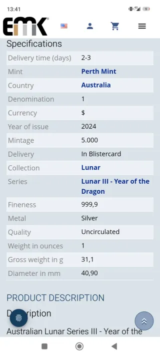 Moneda Plata Onza Dragón Australiano Lunar III