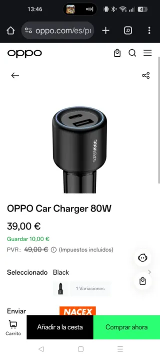 Cargador Coche OPPO SuperVOOC 80W Original