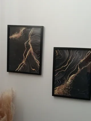 Tres cuadros Abstractos Negro y Dorado.