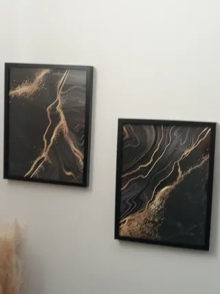 Tres cuadros Abstractos Negro y Dorado.