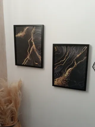Tres cuadros Abstractos Negro y Dorado.